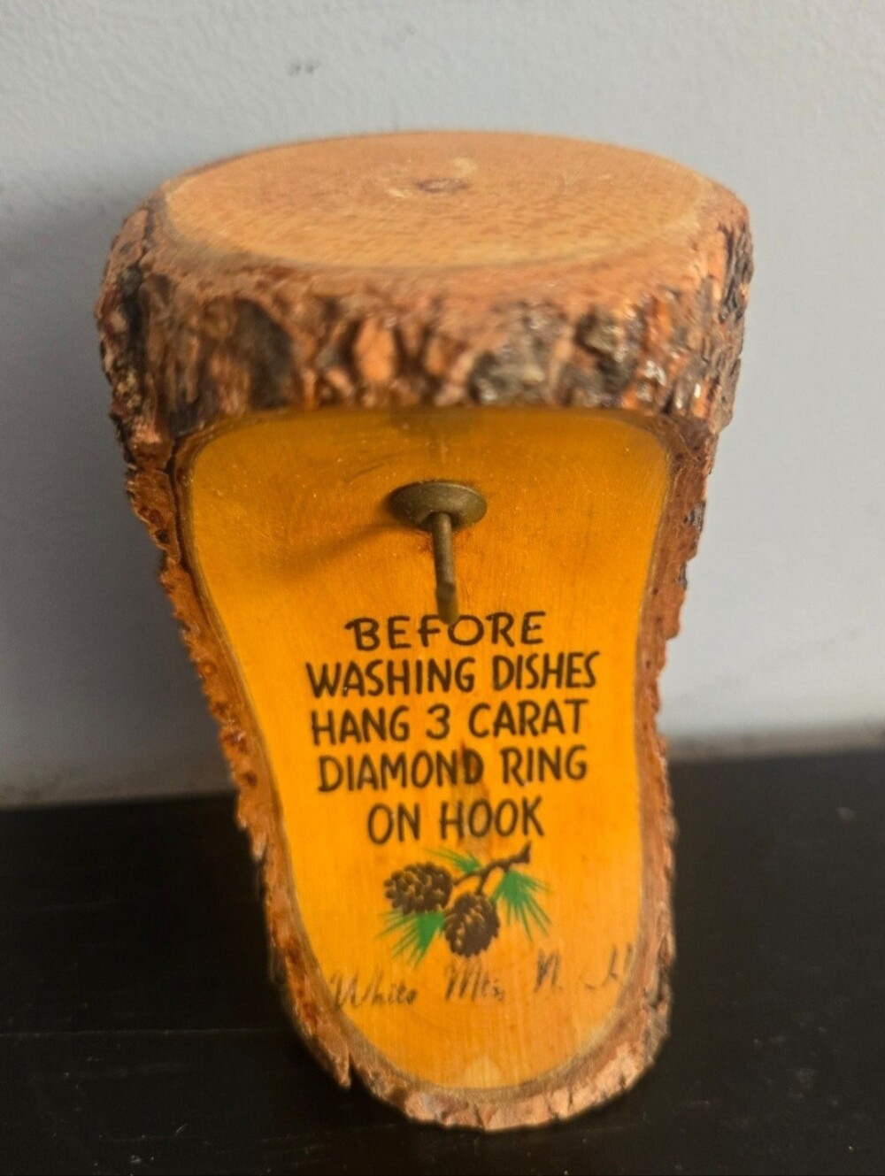 Vintage Piece of American Folk Art Hand Carved Tree  HUMOROUS HUBBY RING REMIND